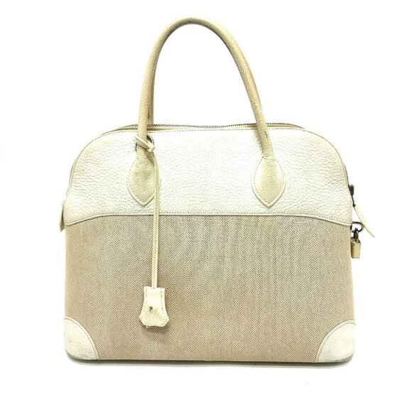 HERMES Bolide35 Bag Hand Bag Toile H / Leather White - Picture 1 of 14